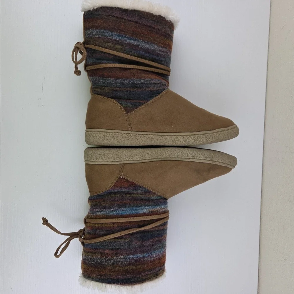 Airwalk Venus Mid Calf Boots Womens‎ Sz 7.5 Cognac Brown Multicolor Sherpa Lined